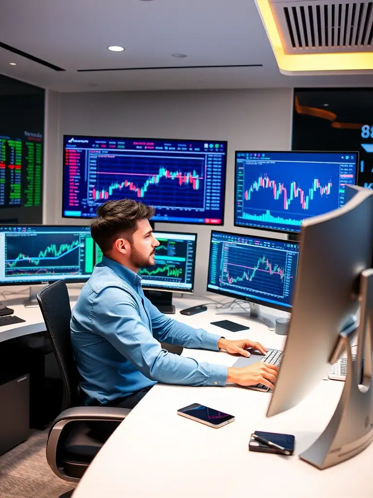 A professional investor analyzing stock charts and market data in a modern office setting, representing strategic investment analysis.