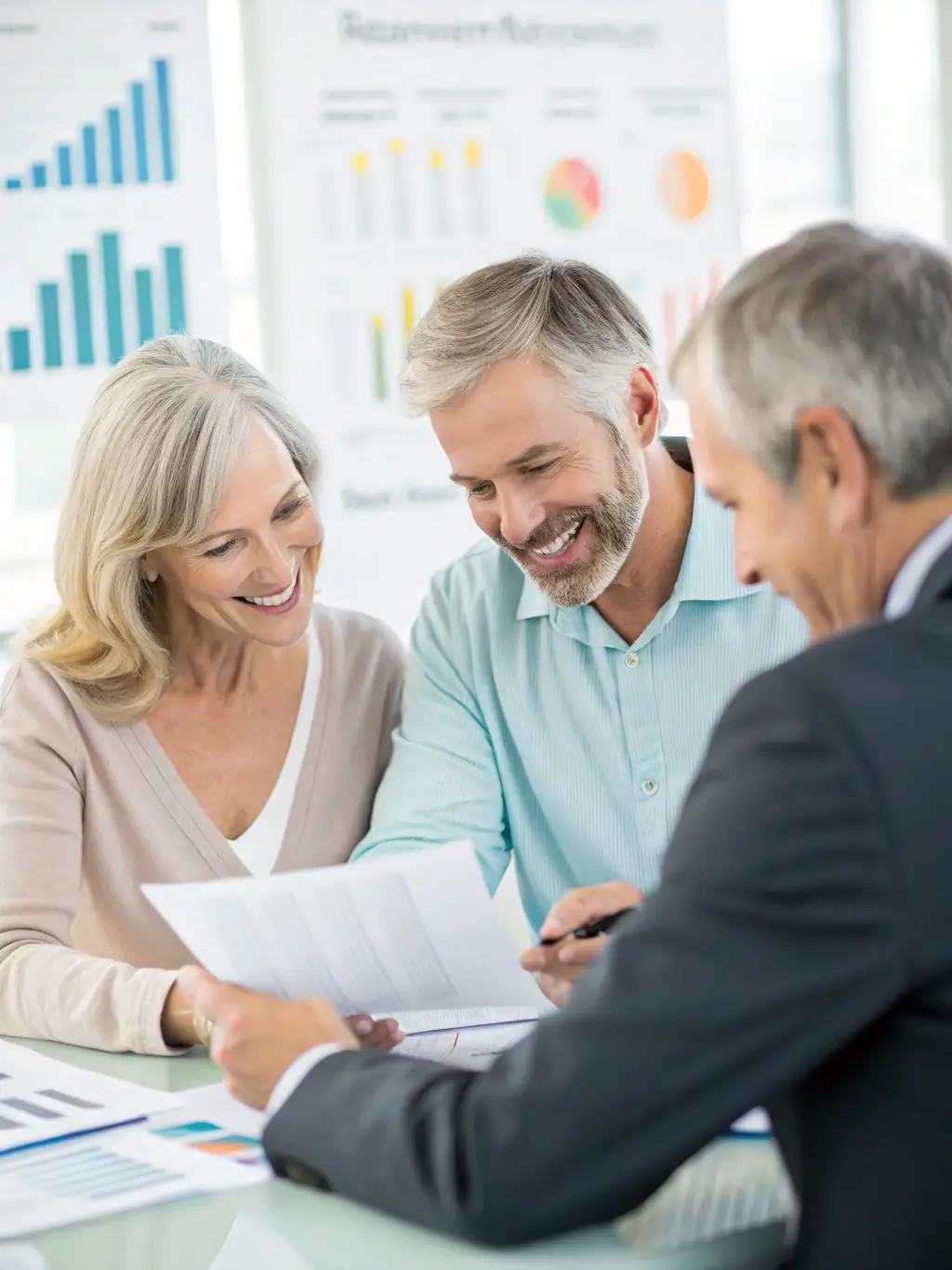 A serene image of a couple planning their retirement with the help of a financial advisor, highlighting retirement planning services.