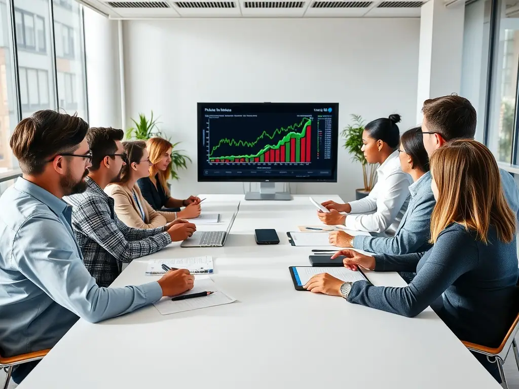 A diverse group of financial analysts collaborating in a modern office, reviewing risk assessment reports and market trends to develop robust risk management strategies.
