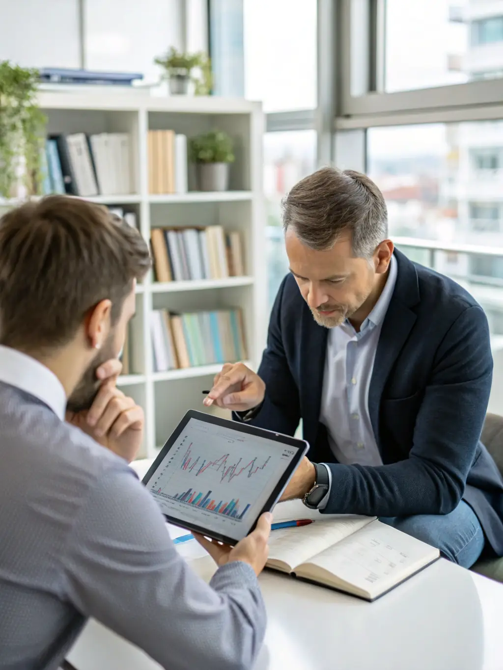 A professional financial advisor is presenting a detailed financial plan to a client in a modern office setting, emphasizing personalized financial solutions.