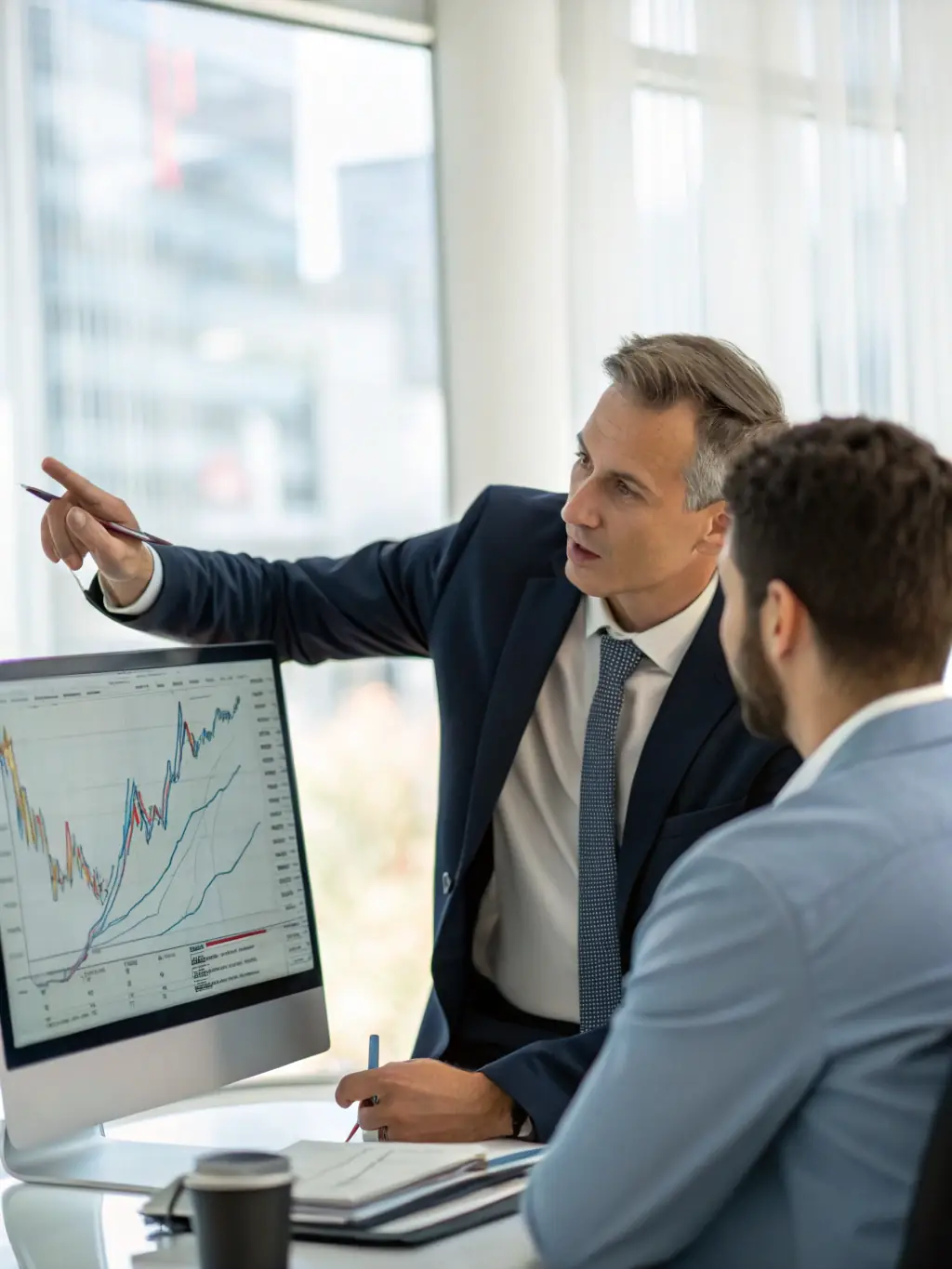 A financial advisor providing advice to a business owner, showcasing financial solutions for corporate clients.