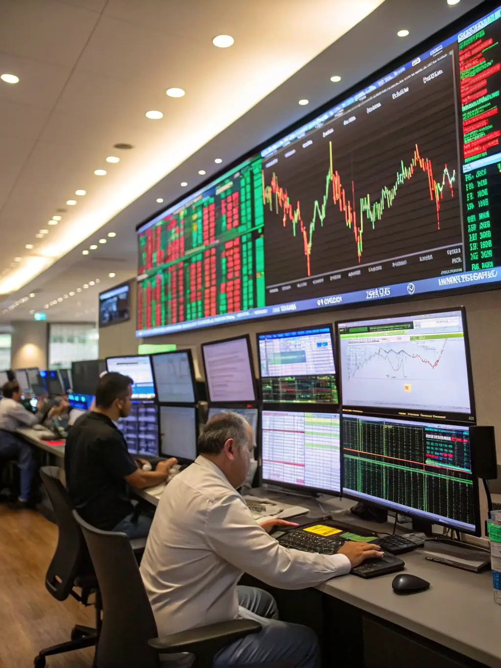 A high-tech trading floor with multiple screens displaying real-time market data, representing active trading strategies.